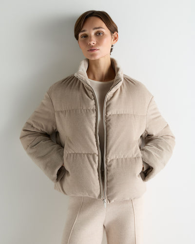 Women's Fur Cuff Padded Cashmere Jacket Dark Beige Brown