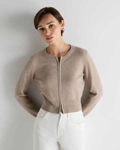 N.Peal Women's Ivy Zipped Cashmere Cardigan Oatmeal Brown