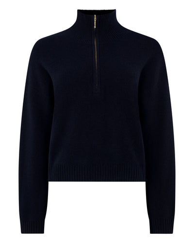 N.Peal Women's Honeycomb Quarter-Zip Cashmere Jumper Navy Blue