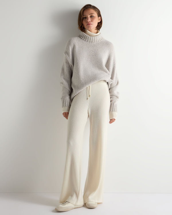N.Peal Women's Ribbed Wide Leg Cashmere Trousers New Ivory White