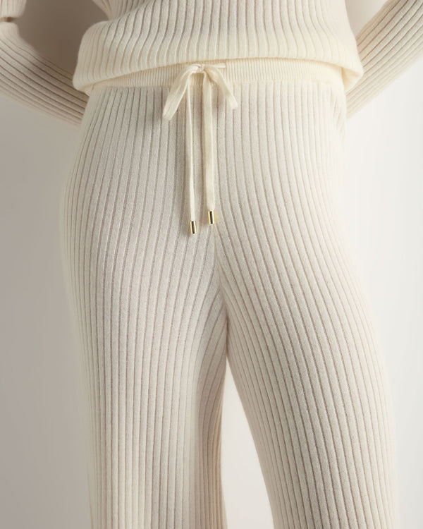 N.Peal Women's Ribbed Wide Leg Cashmere Trousers New Ivory White
