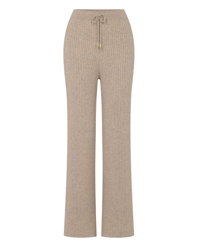 N.Peal Women's Ribbed Wide Leg Cashmere Trousers Oatmeal Brown