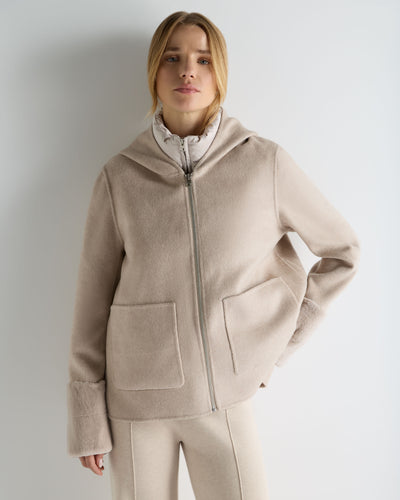 N.Peal Women's Double Layer Jacket With Fur Trim Beige Brown Dogtooth