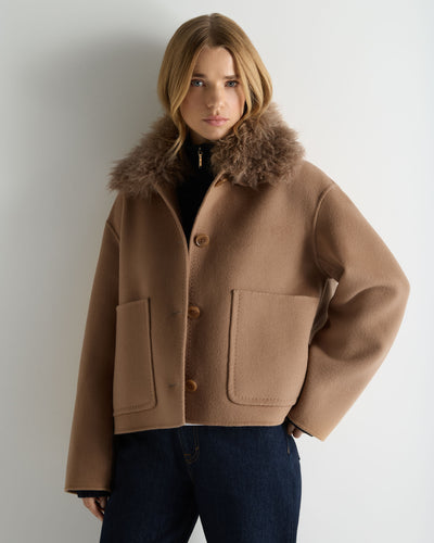 N.Peal Women's Shearling Collar Jacket Camel Brown