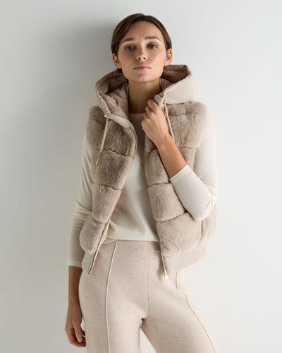Women's Down Gilet With Rex Fur Beige Brown