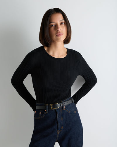 N.Peal Women's Long Sleeve Ribbed Top Black