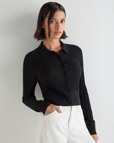 N.Peal Women's Long Sleeve Ribbed Polo Black
