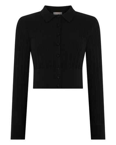 N.Peal Women's Long Sleeve Ribbed Polo Black