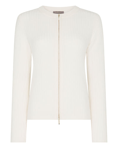 N.Peal Women's Ribbed Full Zip Cashmere Jumper New Ivory White