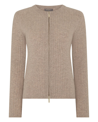 N.Peal Women's Ribbed Full Zip Cashmere Jumper Oatmeal Brown