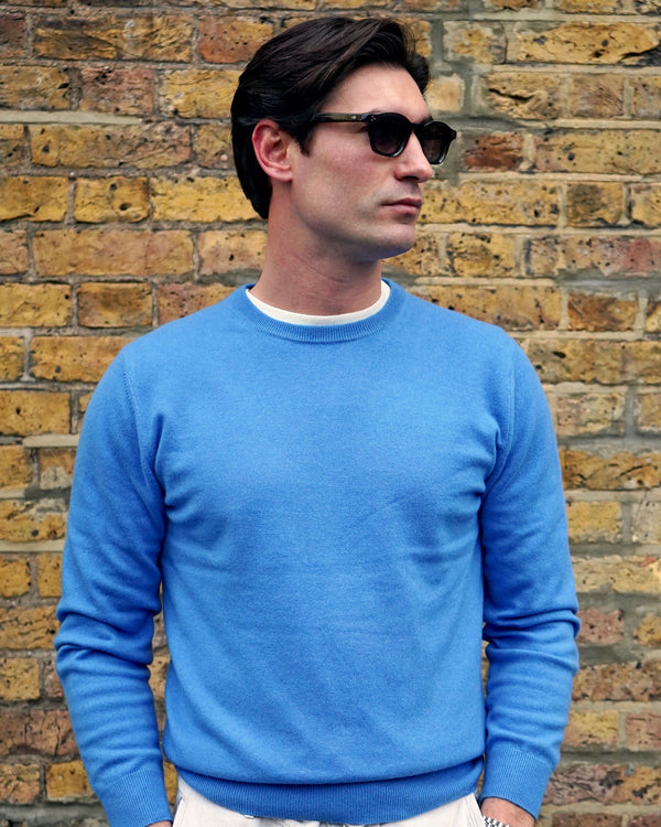N.Peal Men's Oxford Round Neck Cashmere Jumper Sunshine Blue