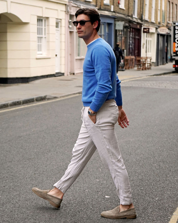 N.Peal Men's Oxford Round Neck Cashmere Jumper Sunshine Blue