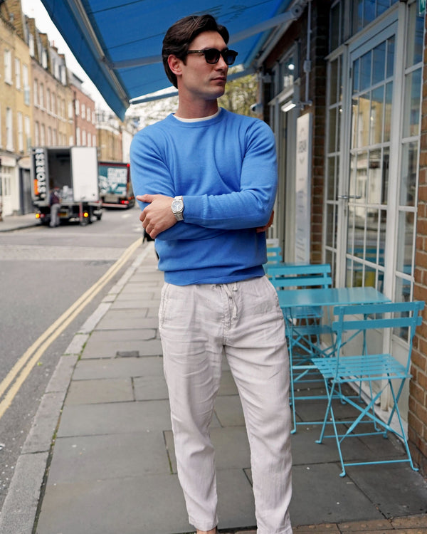 N.Peal Men's Oxford Round Neck Cashmere Jumper Sunshine Blue