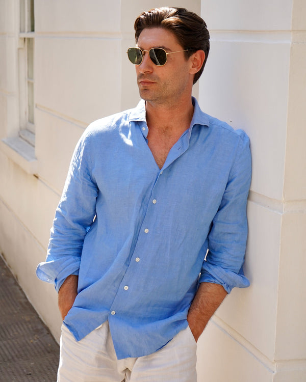 N.Peal Men's Cannes Linen Shirt Blue