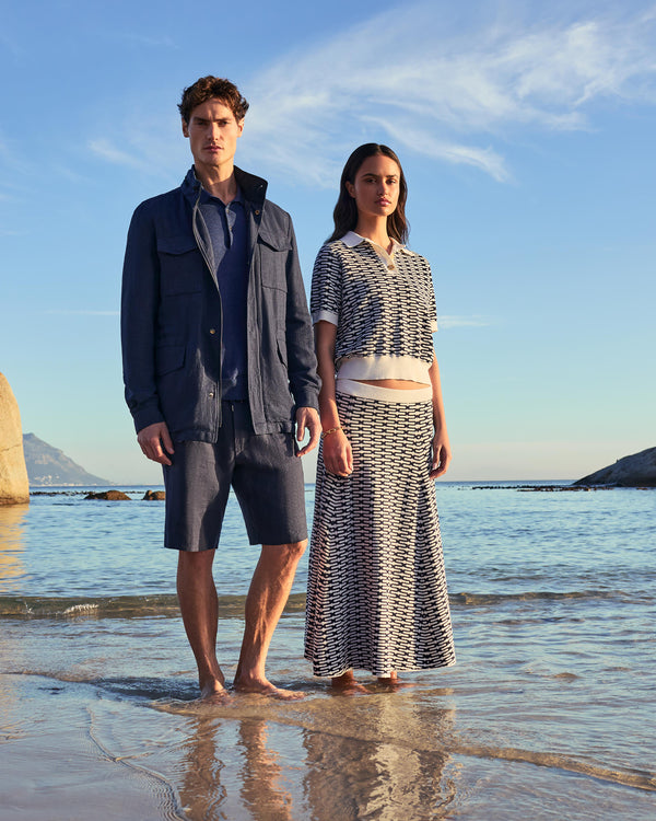 N.Peal Women's Harlow Jacquard Cotton Cashmere Polo Navy Blue