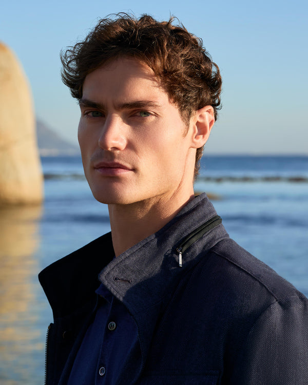 N.Peal Men's Hampton Linen Blend Field Jacket Navy Blue Herringbone