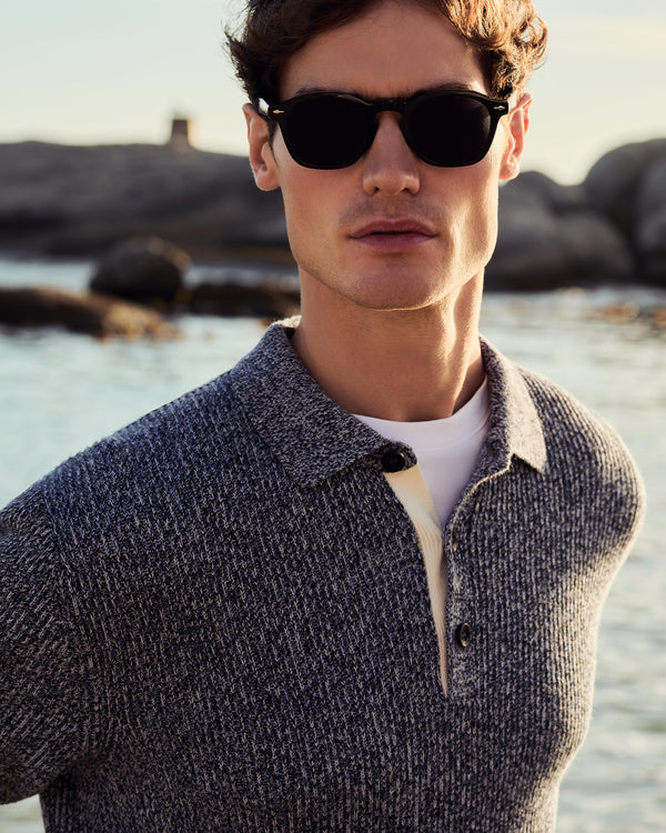 N.Peal Men's Rib Polo Cotton Blend Jumper Blue Marl