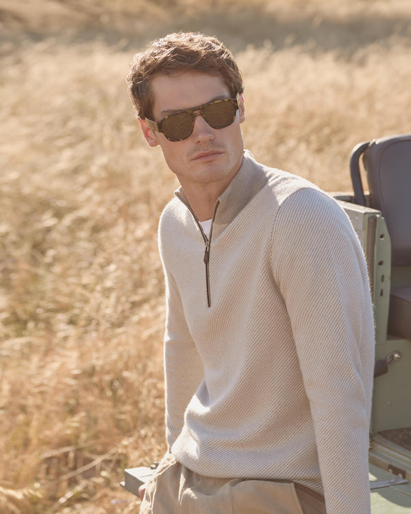 N.Peal Men's Temple Jacquard Half Zip Cashmere Jumper Oat Grey