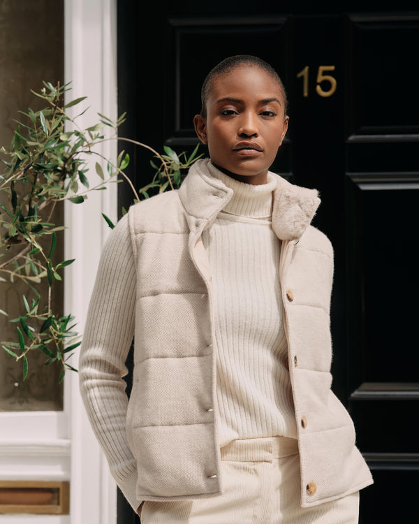 N.Peal Women's Honeycomb Cashmere Gilet With Fur Trim Pebble Grey