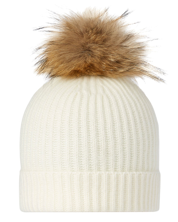 N.Peal Unisex Ribbed Cashmere Hat With Detachable Pom New Ivory White