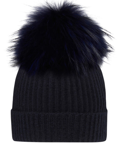 N.Peal Unisex Ribbed Cashmere Hat With Detachable Pom Navy Blue