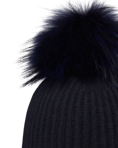 N.Peal Unisex Ribbed Cashmere Hat With Detachable Pom Navy Blue