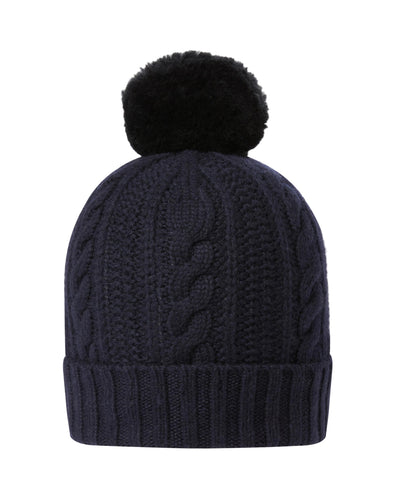 N.Peal Unisex Shearling Pom Cable Hat Navy Blue