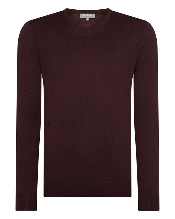 N.Peal Men's Conduit Fine Gauge Cashmere V Neck Jumper Clove Brown
