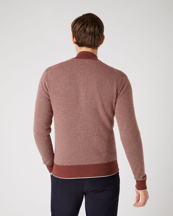 N.Peal Men's Knightsbridge Birdseye Full Zip Cashmere Jumper Terracotta Brown