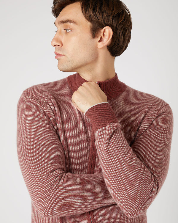 N.Peal Men's Knightsbridge Birdseye Full Zip Cashmere Jumper Terracotta Brown