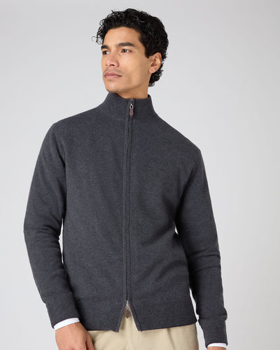 N.Peal Men's Knightsbridge Full Zip Cashmere Jumper Dark Charcoal Grey