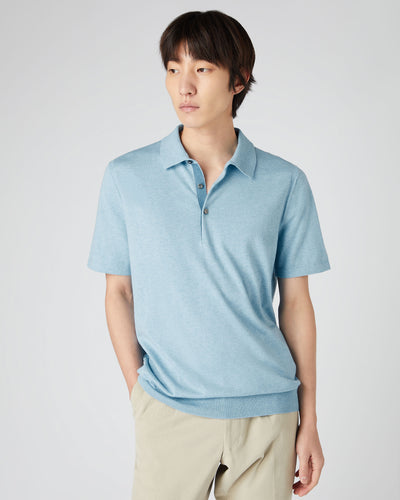 N.Peal Men's Polzeath Cotton Cashmere Polo T-Shirt Cornflower Blue