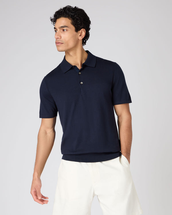 N.Peal Men's Polzeath Cotton Cashmere Polo T-Shirt Navy Blue