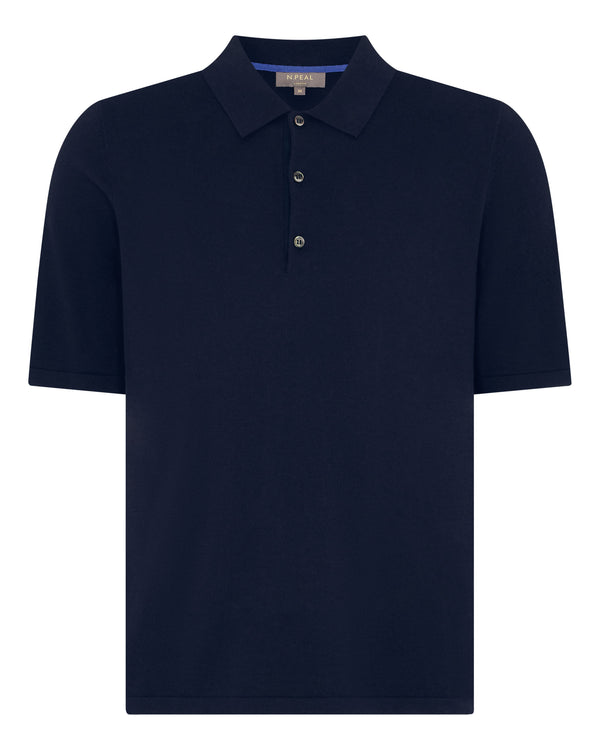 N.Peal Men's Polzeath Cotton Cashmere Polo T-Shirt Navy Blue