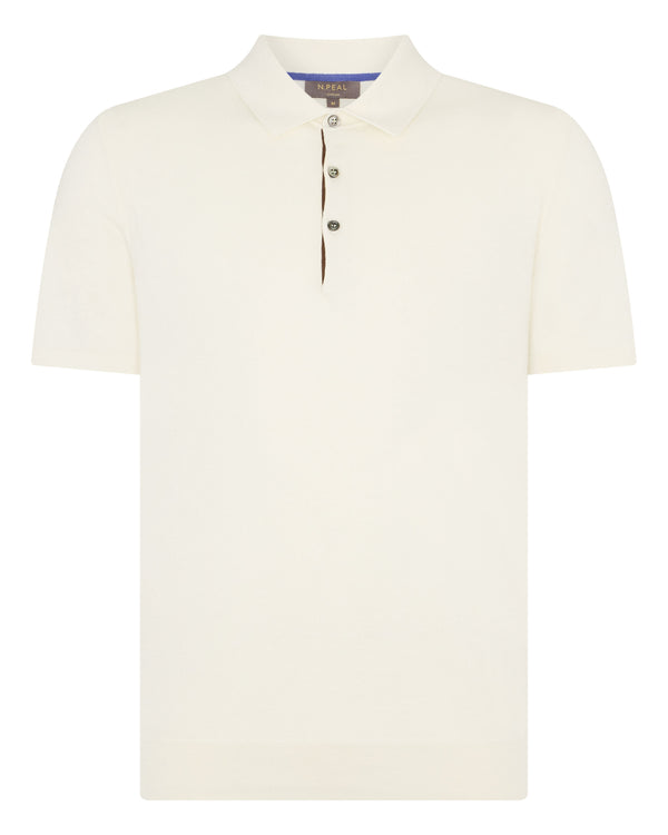 N.Peal Men's Polzeath Cotton Cashmere Polo T-Shirt New Ivory White