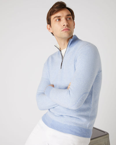 N.Peal Men's Carnaby Birdseye Half Zip Cashmere Jumper Cornflower Blue