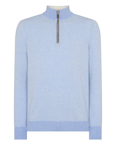 N.Peal Men's Carnaby Birdseye Half Zip Cashmere Jumper Cornflower Blue