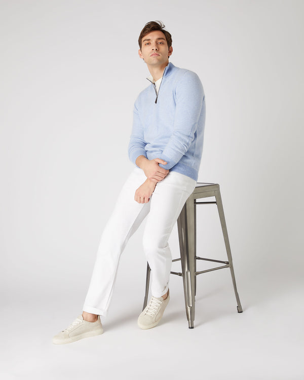 N.Peal Men's Carnaby Birdseye Half Zip Cashmere Jumper Cornflower Blue
