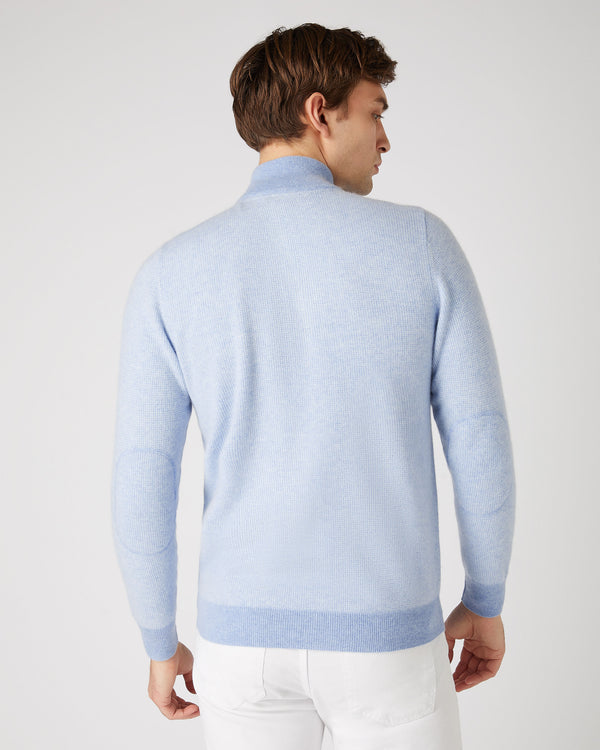 N.Peal Men's Carnaby Birdseye Half Zip Cashmere Jumper Cornflower Blue