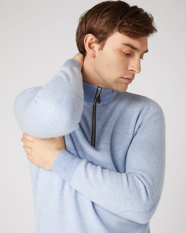 N.Peal Men's Carnaby Birdseye Half Zip Cashmere Jumper Cornflower Blue