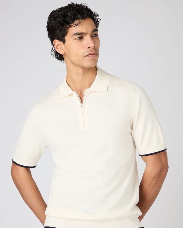 N.Peal Men's Polo Zip Cotton Cashmere T-Shirt New Ivory White