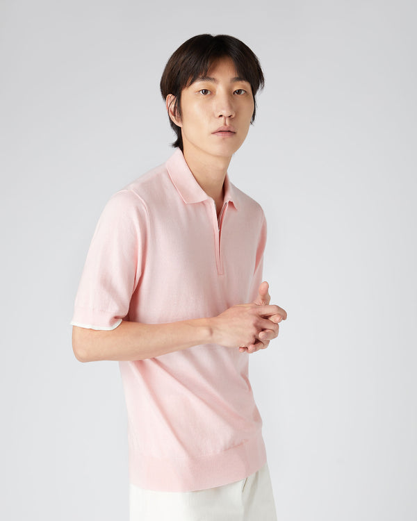 N.Peal Men's Polo Zip Cotton Cashmere T-Shirt Spring Pink