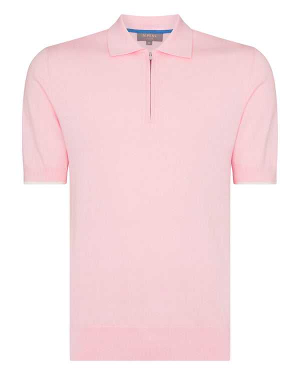 N.Peal Men's Polo Zip Cotton Cashmere T-Shirt Spring Pink