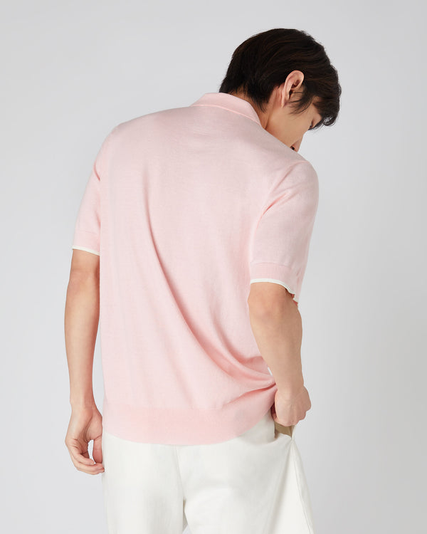 N.Peal Men's Polo Zip Cotton Cashmere T-Shirt Spring Pink