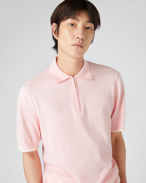 N.Peal Men's Polo Zip Cotton Cashmere T-Shirt Spring Pink