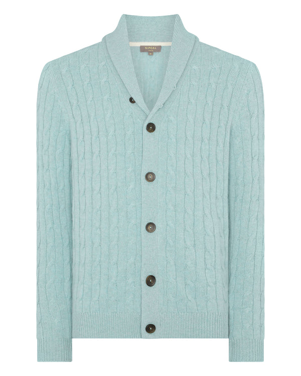 N.Peal Men's Garrick Shawl Cable Cashmere Cardigan Oasis Green