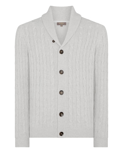 N.Peal Men's Garrick Shawl Cable Cashmere Cardigan Pebble Grey