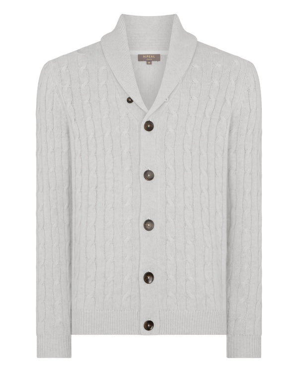 N.Peal Men's Garrick Shawl Cable Cashmere Cardigan Pebble Grey
