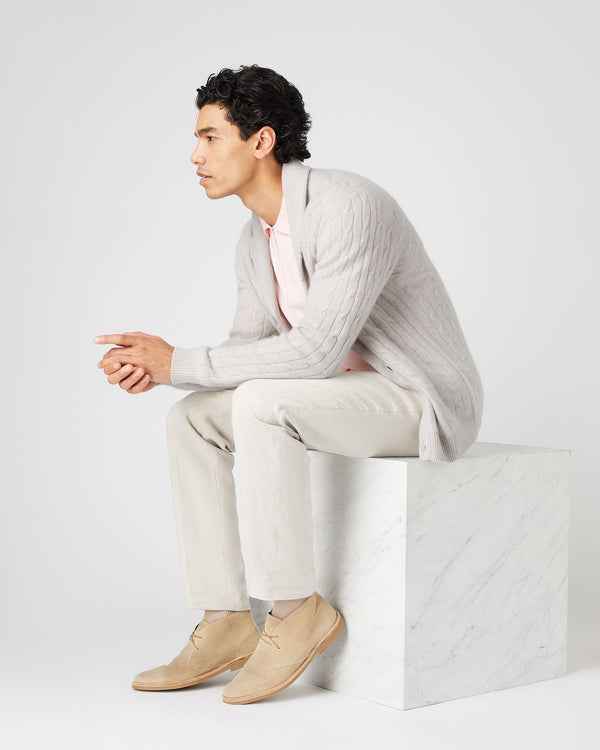 N.Peal Men's Garrick Shawl Cable Cashmere Cardigan Pebble Grey