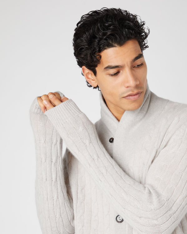 N.Peal Men's Garrick Shawl Cable Cashmere Cardigan Pebble Grey